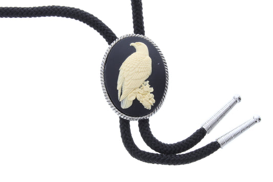 Eagle Cameo Cat Bolo Tie with matching tips, antique silver, 36", black cord, HandMade in USA, Each