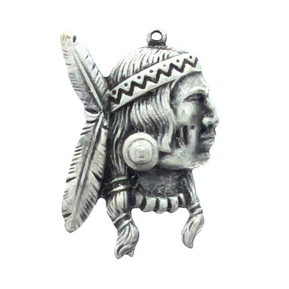 Native American Indian Warrior Profile Charm with Feather, Antique Silver, Made in USA, Pack of 6