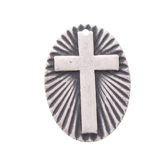 14mm Cross Prayer Pocket Medallion Charm, Classic Silver, Made in USA, pack of 6