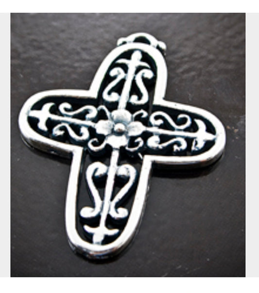 40mm Filigree Flower Folk Cross Charm, Classic Silver, Made in USA, pack of 2