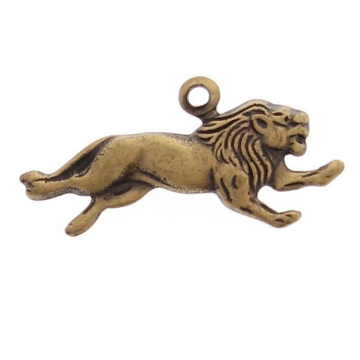 11mm Vintage Running Lion Charm, Antique Gold, Made in USA, pack of 4