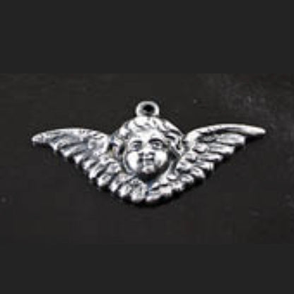 28mm x 11mm Vintage Winged Cherub Charm, with ring, Classic Silver, Made in USA, pack of 6