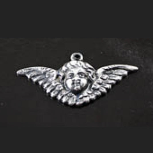 28mm x 11mm Vintage Winged Cherub Charm, with ring, Classic Silver, Made in USA, pack of 6