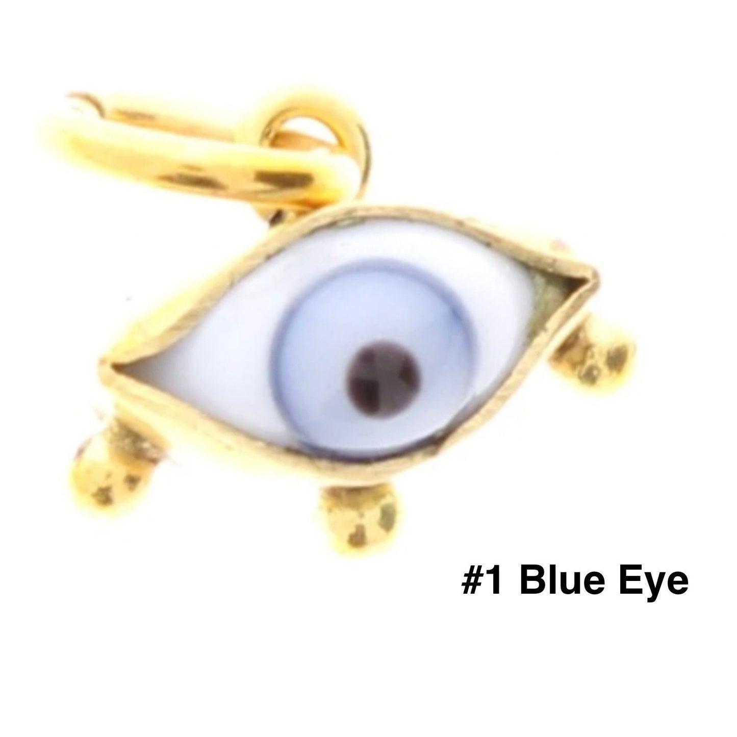 Glass Evil Eye Charm set in Gold, Handmade, Choose blue eye or brown eye, Each