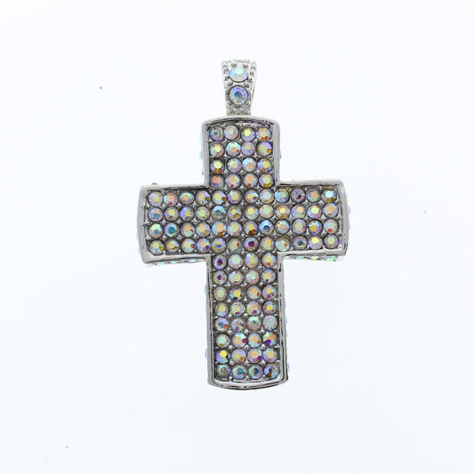 Pave' Crystal Cross Pendant, 1.96 x 1.57 inch (51x40mm), in antique Silver with magnetic clasp, each