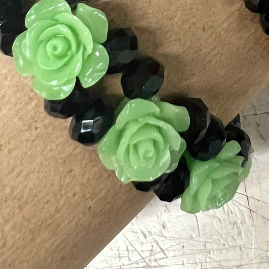 3D Roses Black Bracelet, double beaded strand with Crystal beads, Choose black, red, or rainbow multi color, each