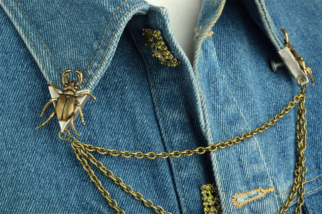 Beetle Bug Insect Collar Tip with Chaser Chain Necklace, antique gold and silver, handmade USA, each