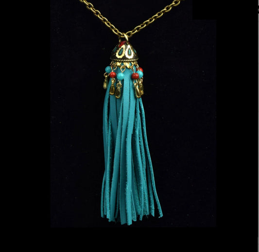 24" Turquoise Tassel Necklace, fabric gift bag, leather fringe with antique gold charmed cap on gold chain, handmade in USA, Each