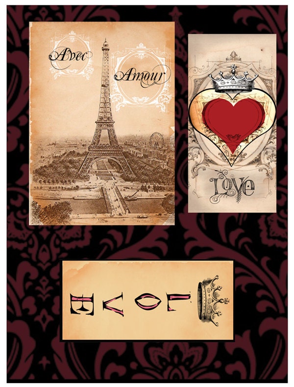 Altered Art Paper, 3x4in sheets, A'mour French Love, 24 sheets, art graphics