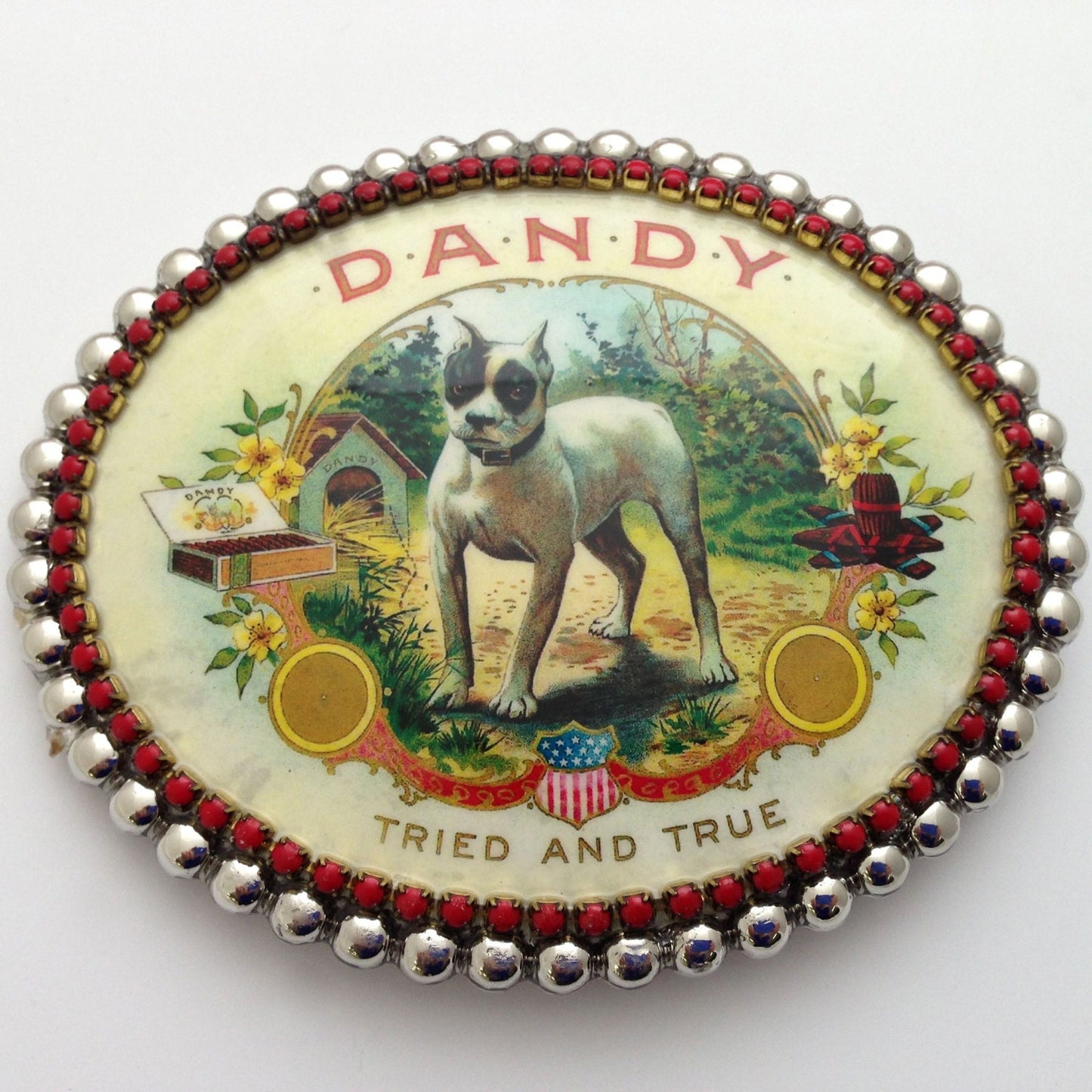 Vintage Cigar Box Art "Dandy the Dog" Buckle and Leather Belt Set