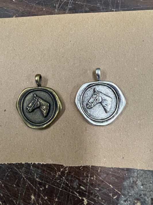 Horse  Seal Bezel Pendant, 40mm, Antique Silver/ Antique Gold, Made in USA, Bee Seal, each