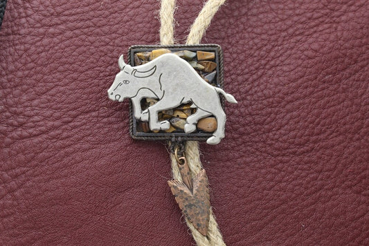 Western Bolo Tie, bull  ,  jute cord , made in USA