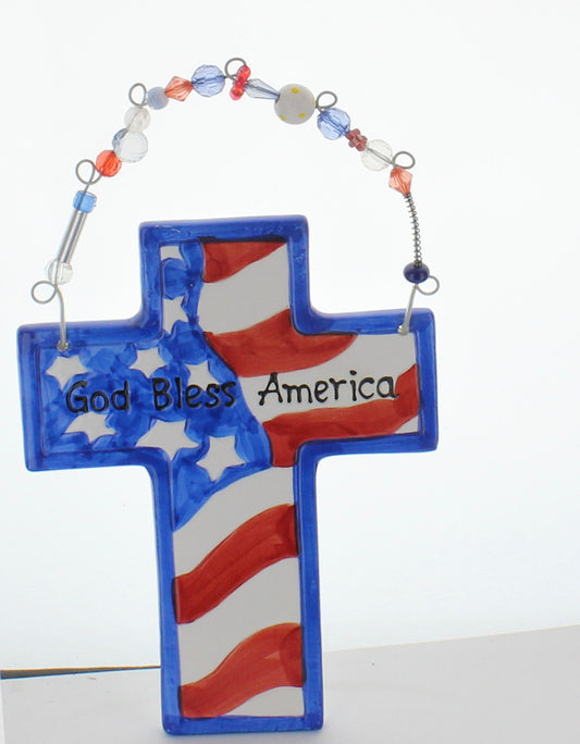 Ceramic Cross, 8" GOD BLESS AMERICA , sold by 6 pcs each sale
