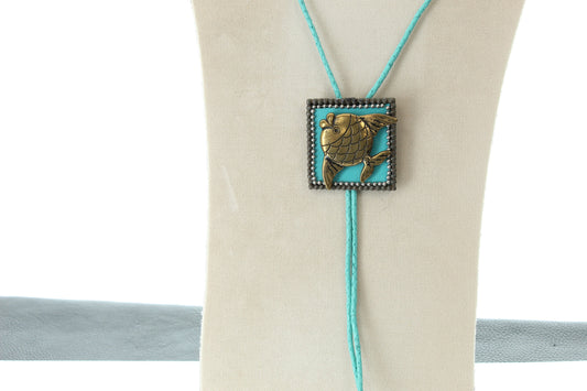 Fish  Bolo Tie  , antique gold , Turq cord  , made in USA, Each