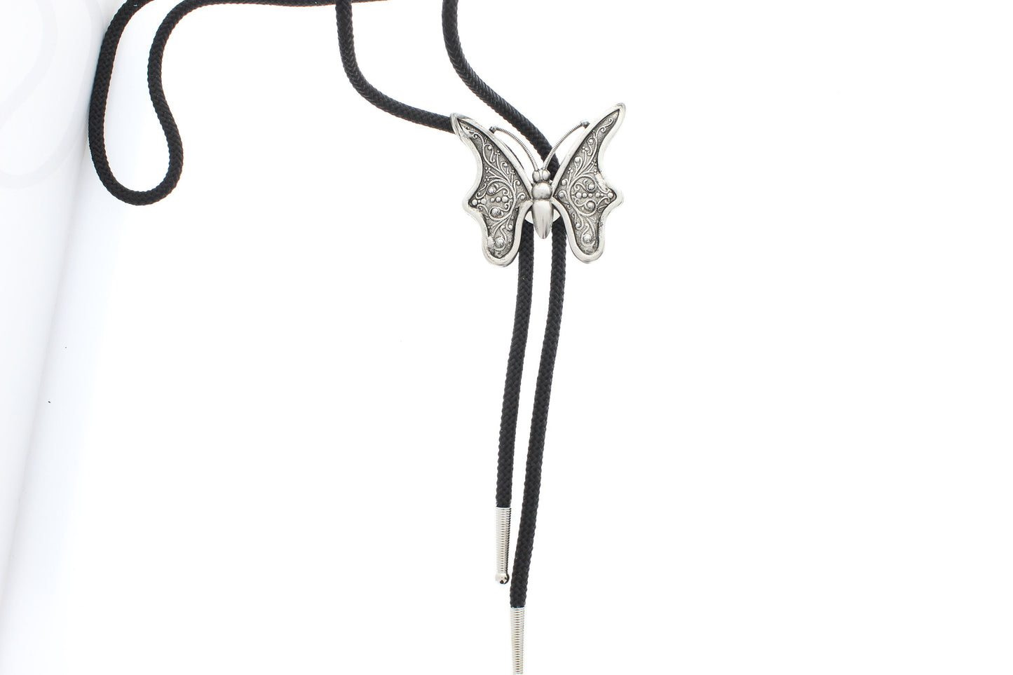 Butterfly Bolo  tie, 36" black cord in fabric gift bag, antique silver  handmade in USA, Each