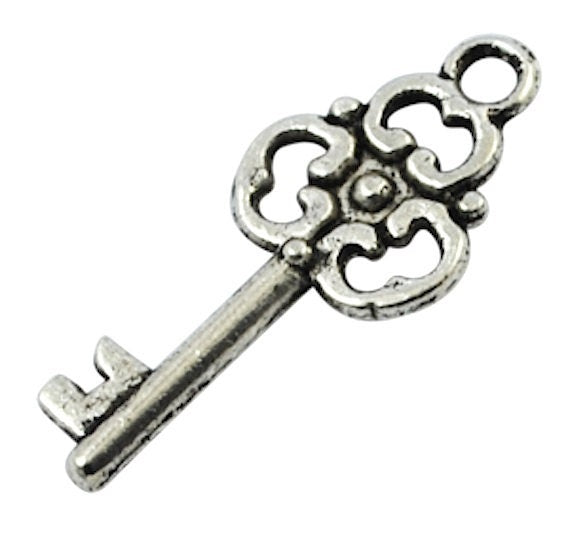 Skeleton Key Charms, Classic Silver finish, Pack of 12