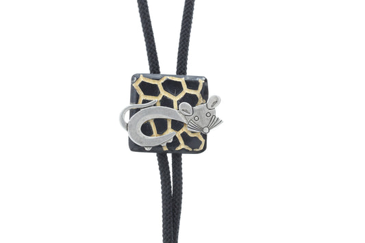 Mouse bolo, silver tips, black cord, made in USA