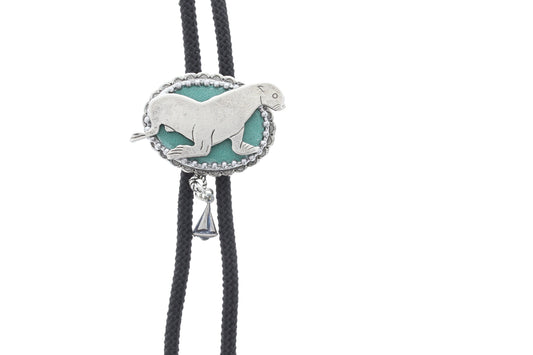 Sea Lion  bolo, silver tips, black cord, made in USA