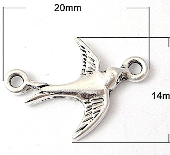 Sparrow Robin Song Bird Charms, Flying, Outspread Wings, Antique Silver, Pack of 12