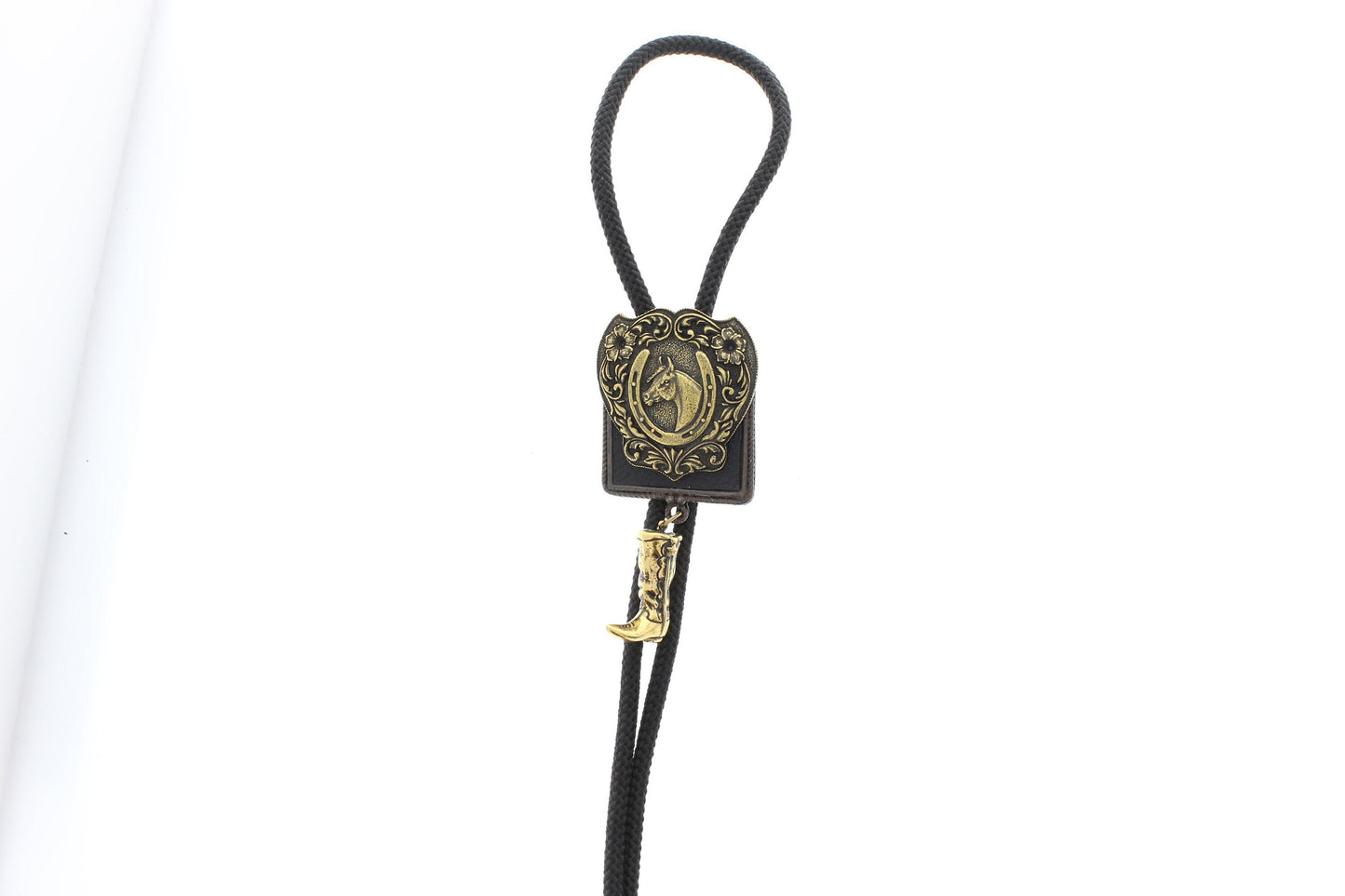 Lucky Horse Bolo Tie  with horse shoe, antique silver, 36" black, turquoise or red cord, made in USA, Each