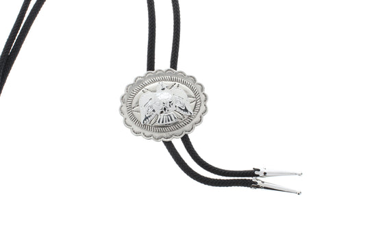 57mm Thunderbird pendant bolo tie, concho, silver plate, black cord, made in USA, each