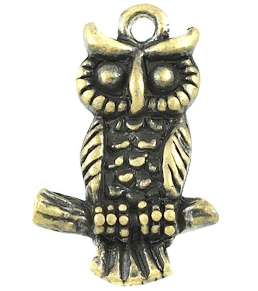 Owl charms, antique gold, 3D, Pack of 12