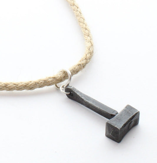 Thor's hammer necklace on Jute , S Hook clasp viking style, hand forged hammer, 20"