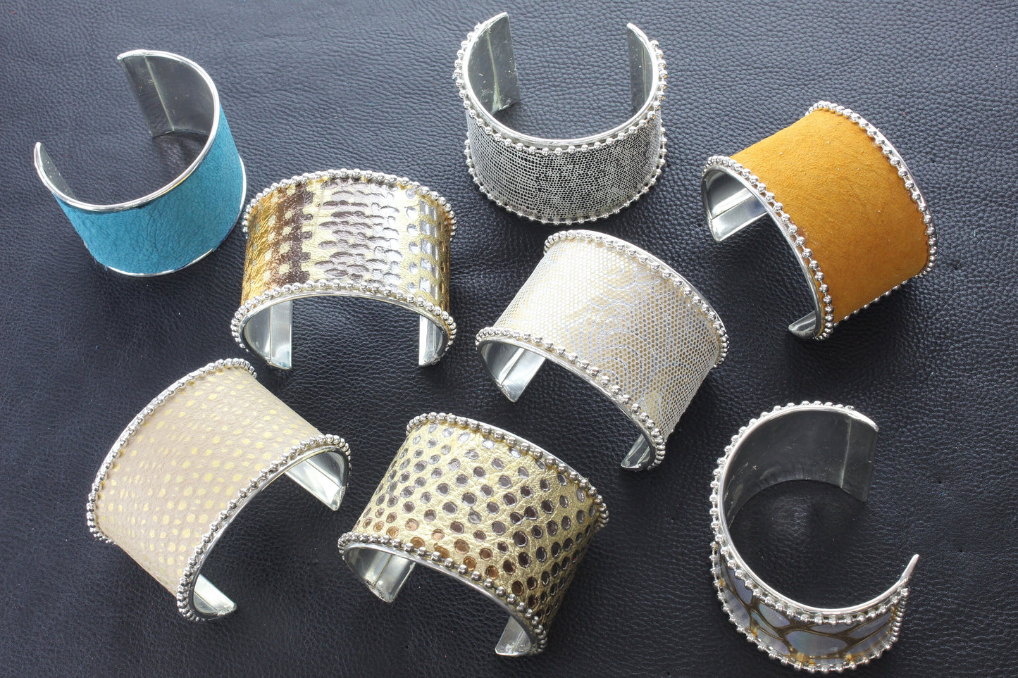 Cuff Bangles, leather embellished, hand made in USA , sold by each