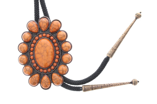 Western Bolo Tie, orange Squash Blossom bolo, 36" cord in black, red, jute or olive green, made in USA, each
