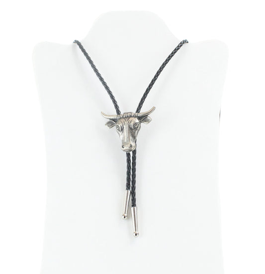 Bull  Bolo Tie, antique silver, 36" black leather cord