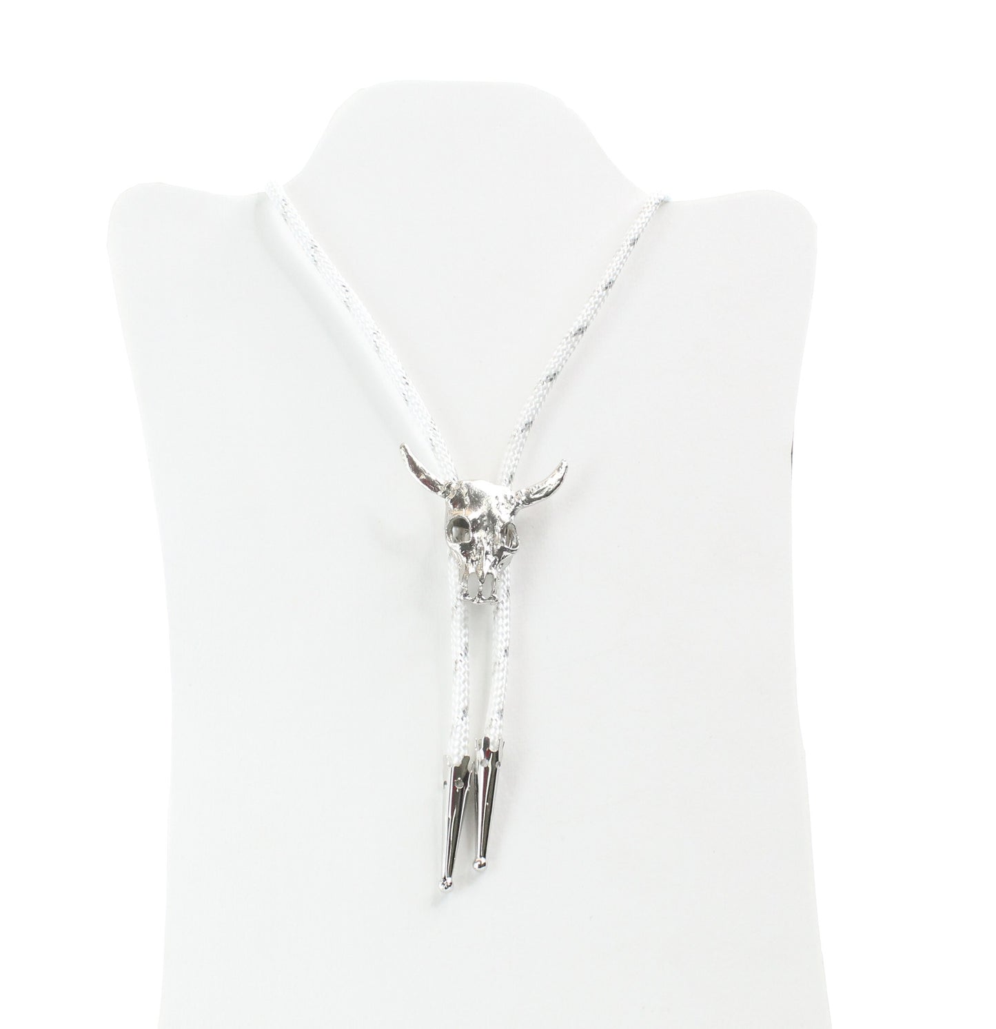 Bull Skull Silver   Bolo Tie, white cord silver lace, 36", sold by each