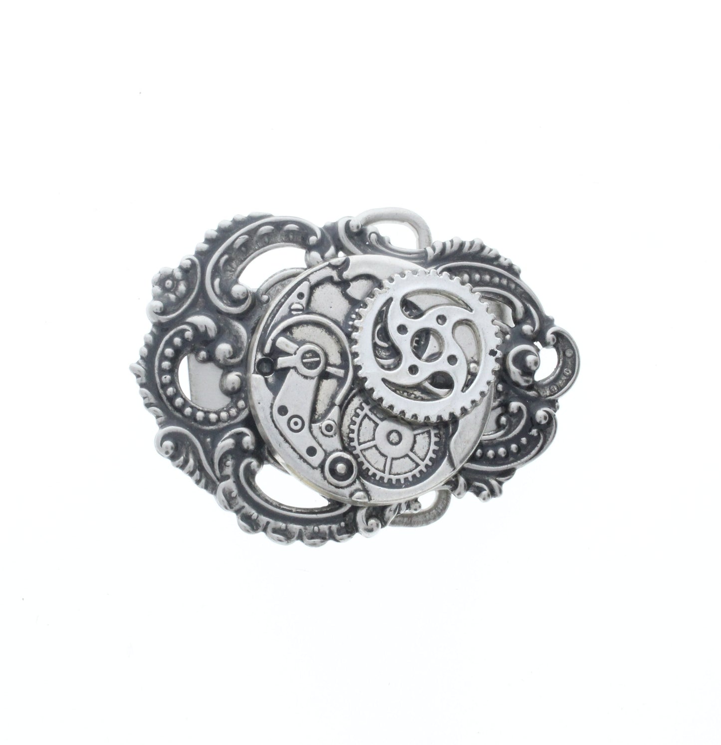 Steampunk Belt Buckle, Gift Box, 3.2", vintage watch part movement, antique silver, fits 1.5 inch belt, HandMade in USA