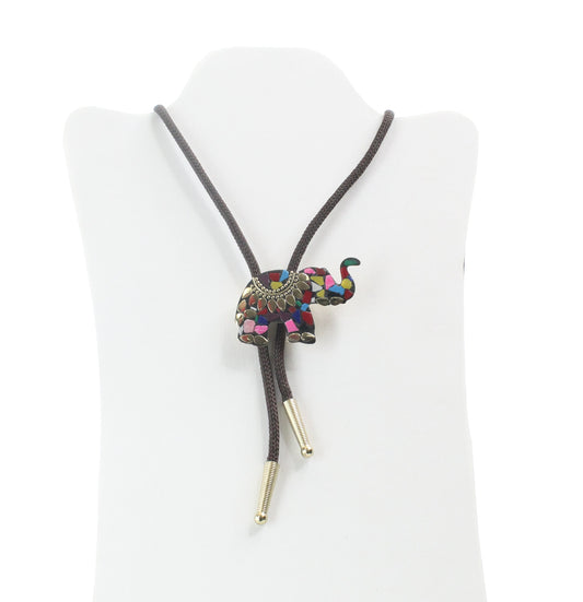 Mosaic Elephant Bolo Tie , 36" Brown cord , jute, red, turquoise or olive cord, in fabric gift bag, HandMade in USA, each