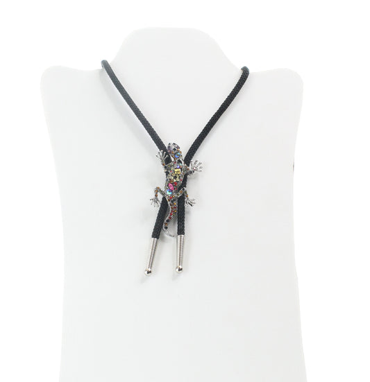 Crystal lizard bolo, tie, Black cord, 36" , silver tips