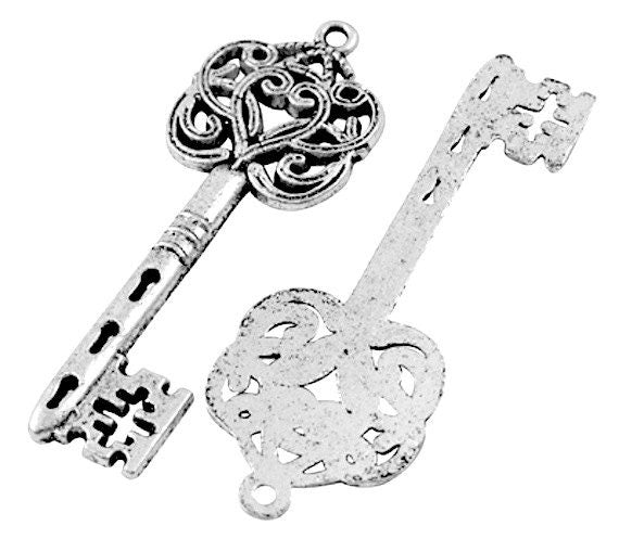 60mm Filigree Key Charm Pendants, Scrolled Skeleton, Antique Silver or Antique Gold, pack of 4