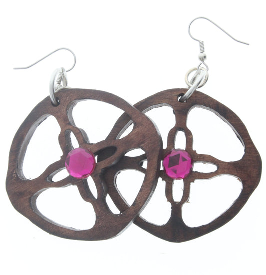 48mm Walnut Wood Cross Shield Cutout earrings pair