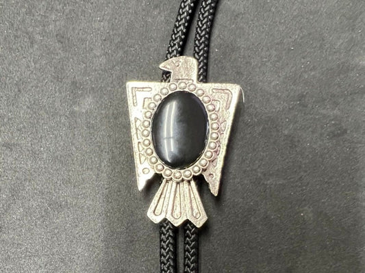Thunderbird Phoenix Bolo Tie with black  stone, antique silver , silver plate tips, Black cord  56mm, Made in USA, Each