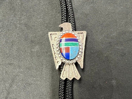 Thunderbird Phoenix Bolo Tie with inlay Acrylic stone, antique silver , silver plate tips, Black cord  56mm, Made in USA, Each