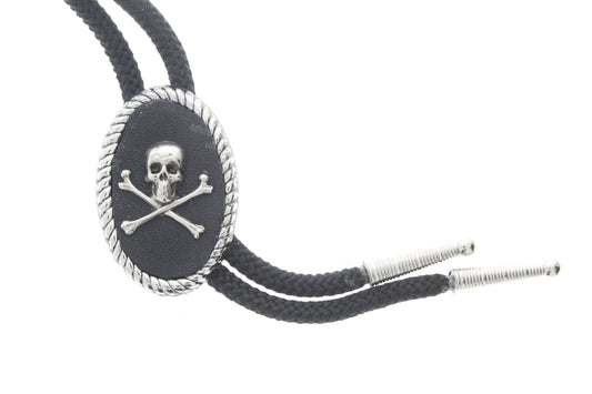 Skull & Bones  Bolo Tip ,  antique Silver on 36" black cord with tips, made in USA, each