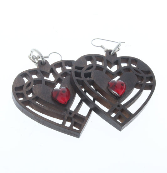 Walnut Wood Brown Heart EARRING , 2 inches (54x48mm), Each   (P1008)ER