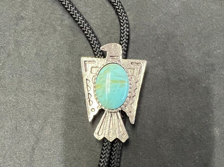 Thunderbird Phoenix Bolo Tie with Turquoise  stone, antique silver , silver plate tips, Black cord  56mm, Made in USA, Each