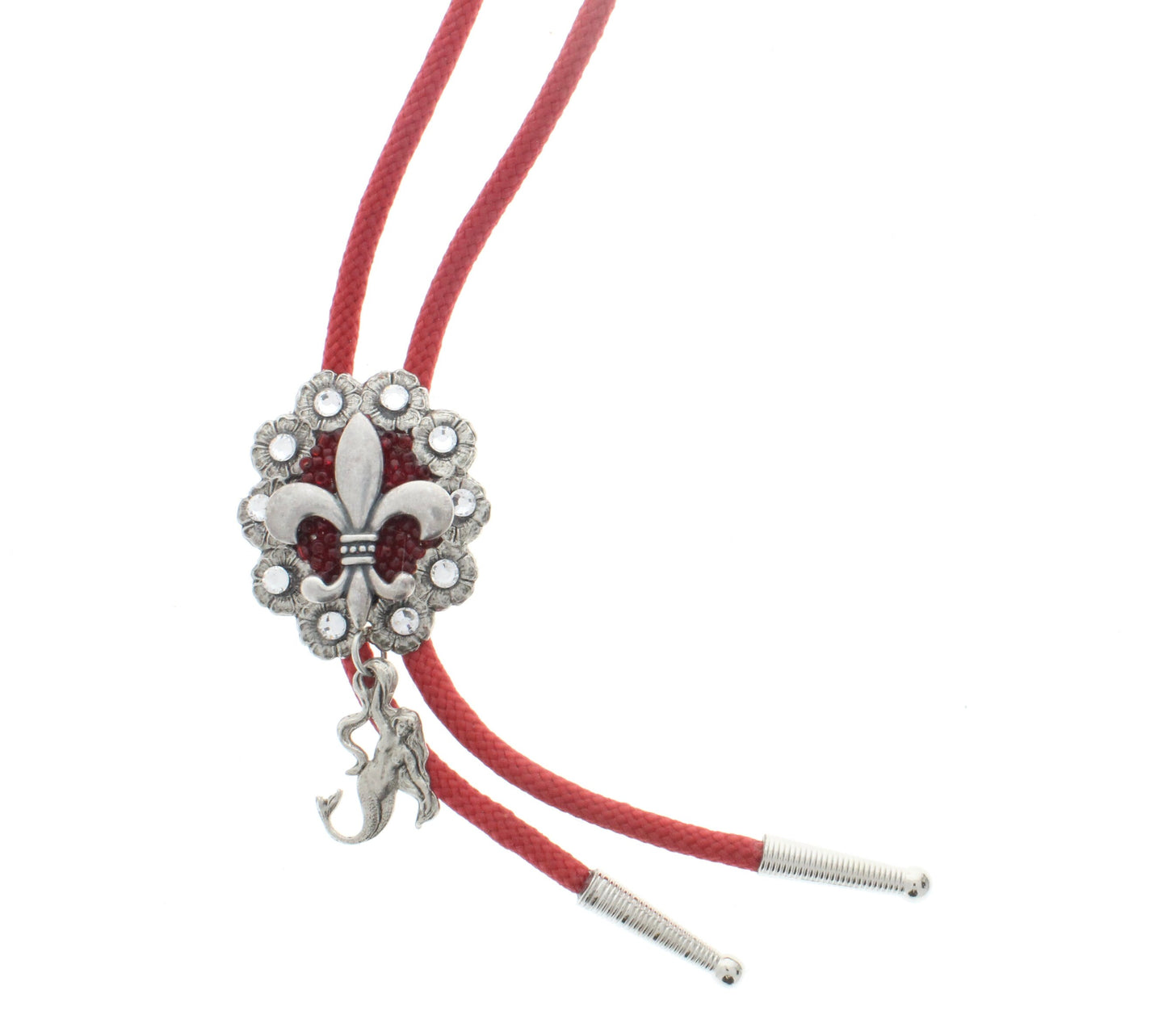 Flor de Lis bolo, mermaid charm ,  Choose Black, Red or Olive 36" Cord, made in USA, Each