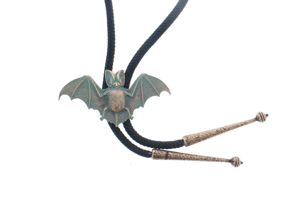 Bat  Bolo Tie, Green Patina on 36" black , made in USA, Each