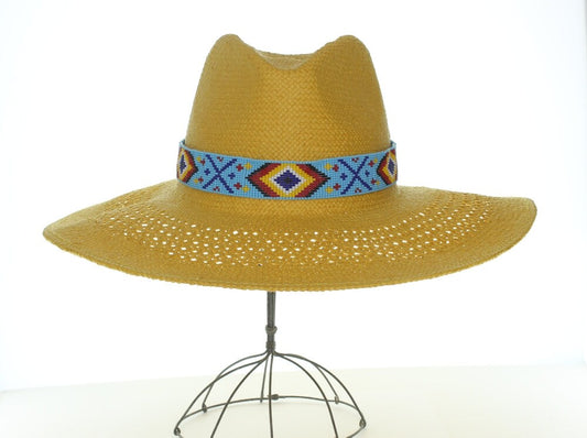 28" Hat Band or Beaded Wrap Bracelet, Turquoise Diamond Native American Beaded Design, glass seed beads, Each