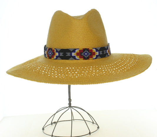 28" Beaded Hat Band or Beaded Wrap Bracelet, Black Chevron Cross Native American Beaded Design with 8" leather ties, Each