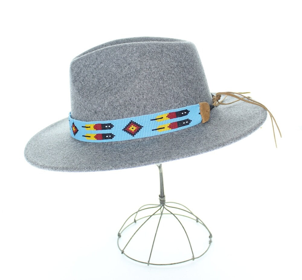 Hat band, beaded design, leather tie, Turquoise beaded design, 20" with 8" leather ties, Each