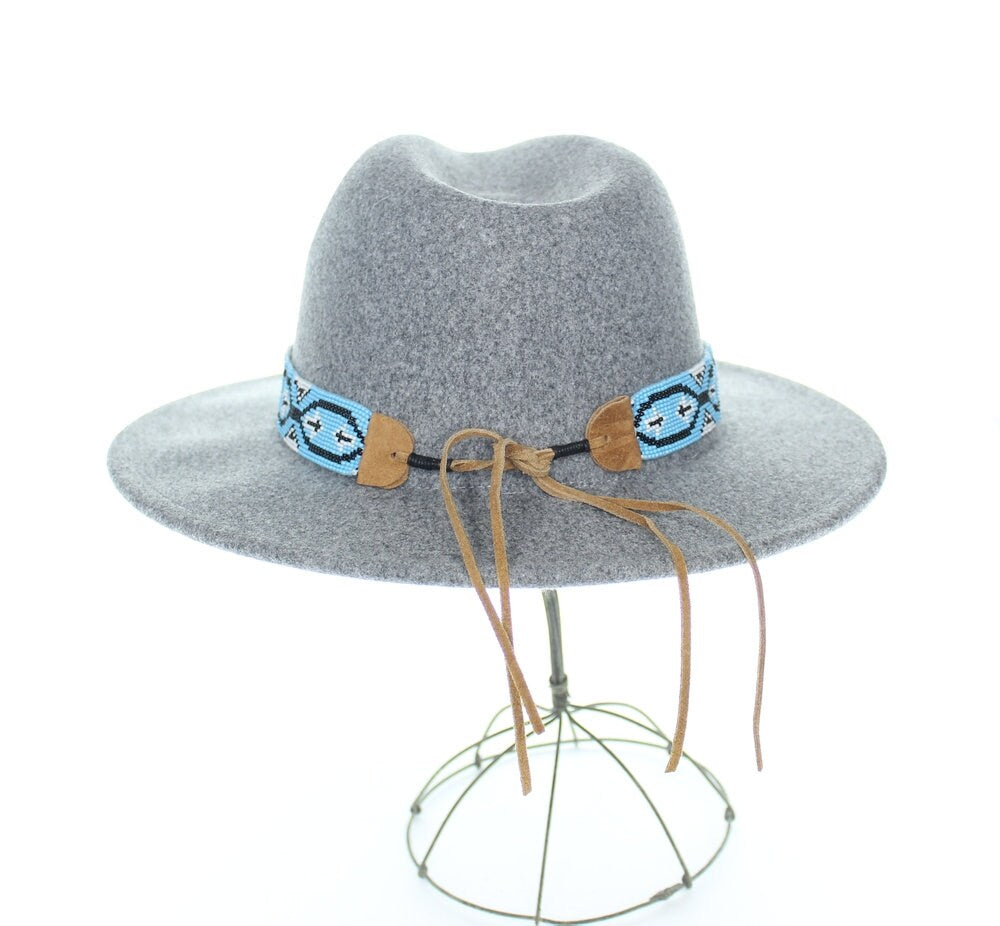 Hat band, beaded design, leather tie, Turquoise beaded design, 20" with 8" leather ties, Each