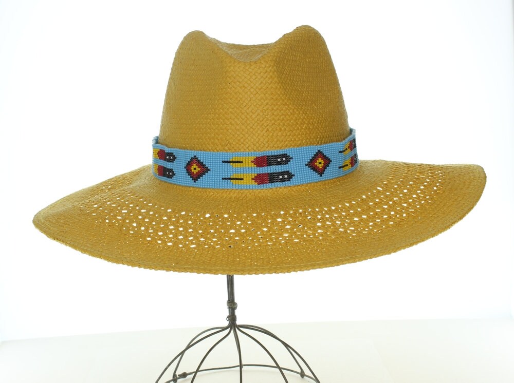 Hat band, beaded design, leather tie, Turquoise beaded design, 20" with 8" leather ties, Each