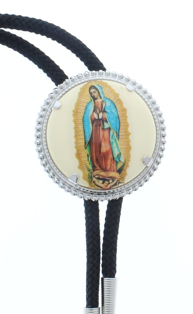 Western Bolo Tie, Virgin De Guadelupe image, resin, 30 mm, black cord,