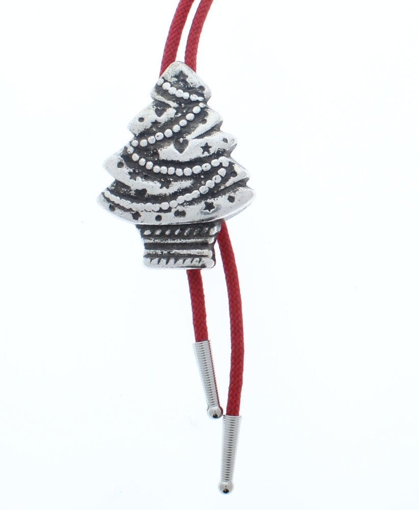 Christmas Tree Bolo Tie with matching tips, Antique Silver, Antique Gold, Silver, Gold, 36" cord red, made in USA, Each